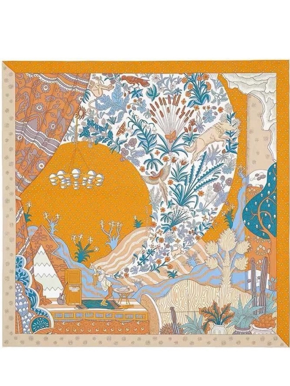 Mustard & Teal Floral Scenic Silk Scarf